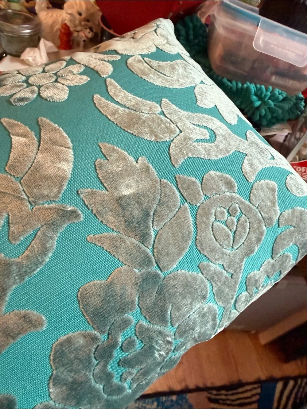 Vintage Pier 1 Imports Teal Velvet Damask Lumbar Pillow